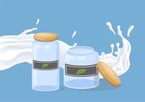 Glass jars with white liquid splash vector flat illustration. Moisturizing cream Stock Illustration