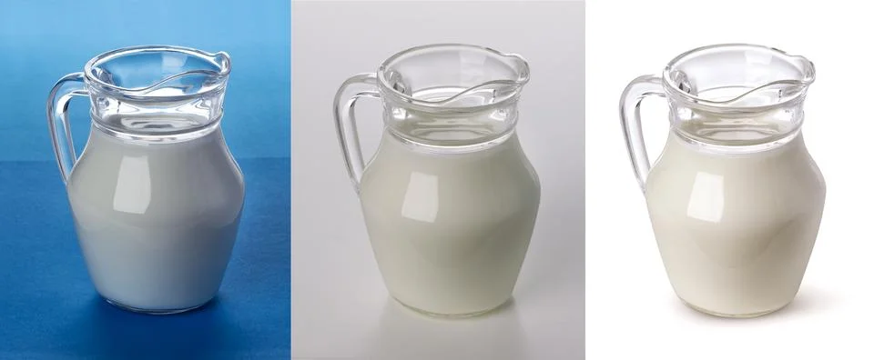 Glass jug of milk isolated on white and blue backgrounds, collection Stock Photos