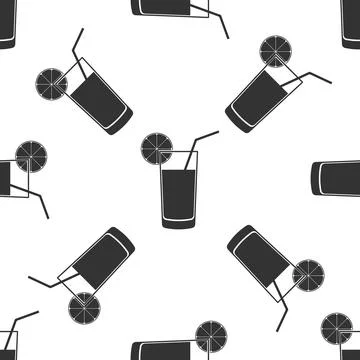 Glass of juice icon seamless pattern on white background. Orange slice and tube Stock Illustration