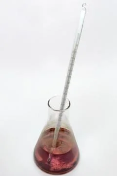 Glass laboratory flask with thermometer, lowered into pink solution inside Stock Photos