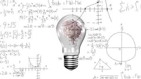 Glass light bulb with pale brain getting math notes as pencil stroke starting, Stock Footage 330741044