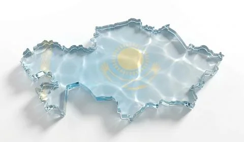 Glass map of Kazakhstan featuring blue and gold national colors on white floo Stock Illustration