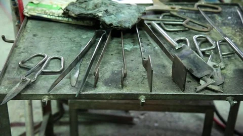 Glass Master Tools on the bench, Murano, Italy Stock Footage 72582740