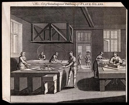 Glass: men at work inside a plate glass factory. Engraving, 1747. Stock Illustration