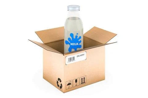 Glass milk bottle inside parcel, delivery concept. 3D rendering Illustrazione stock