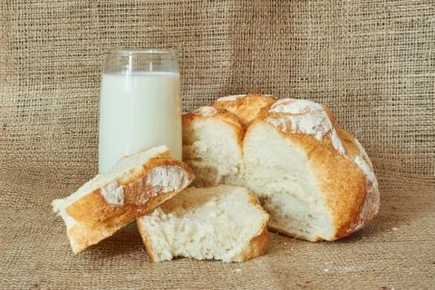 A glass of milk with bread 스톡 사진