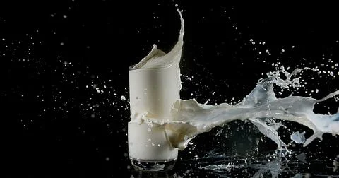Glass of Milk Exploding against White Background Stock Photos