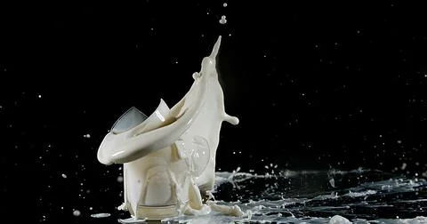Glass of Milk Exploding against White Background Foto stock