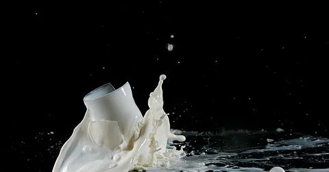 Glass of Milk Exploding against White Background Foto stock