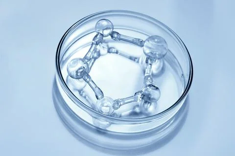 Glass molecule structure inside petri dish representing science Stock Photos