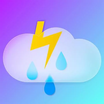 Glass morphism 3d illustration. Vector sky icon: raindrops, lightning. Stock Illustration