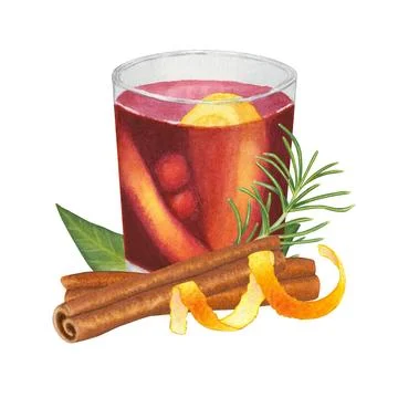 A glass of mulled wine with cinnamon, leaf, rosemary and orange zest. watercolor Stock Illustration