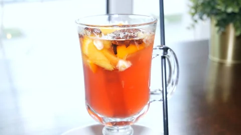 Glass of mulled wine stands on the table. Stock Footage 122390208