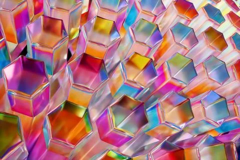 Glass multi-colored hexagons, transparent geometric crystals. Illustrazione stock