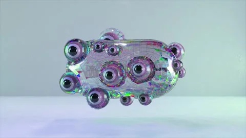 Glass object with multiple eyes is levitating slightly above the floor on a Stock Footage 292884626
