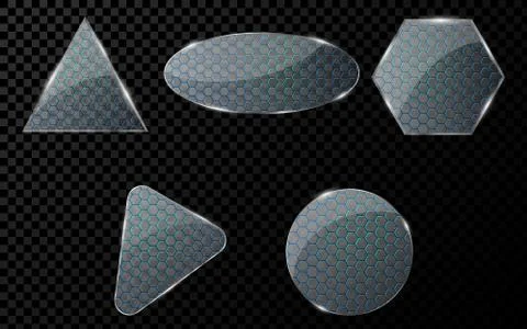 Glass objects with a cyber pattern of honeycomb with blue illumination. A set 库存插图
