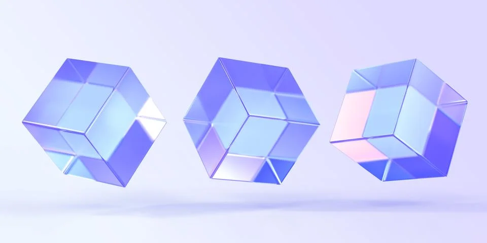 Glass or crystal cube in different angle view, 3d render. Rainbow square box イラスト素材