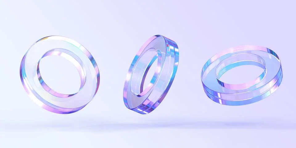 Glass or crystal ring in different angle view, 3d render. Abstract figure of Illustrazione stock