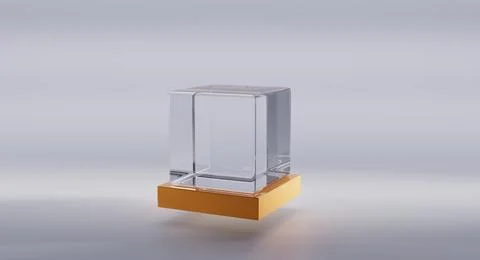 Glass or plastic cube on geometric gold stand in perspective angle view. Clear Stock Illustration