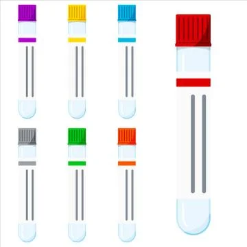 Glass or plastic empty test tubes icon set without liquid with colored caps,  Stock Illustration