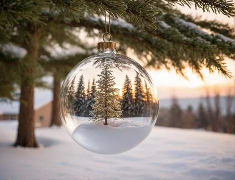 A glass ornament with a tree inside of it is hanging from a tree branch Stock Illustration