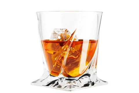 Glass with pattern, cold whiskey with ice on white or transparent background. 3d Stock Illustration