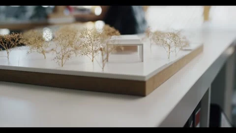 Glass Pavilion Architecture Model among Miniature Trees, Studio Rack Focus Shot Stock Footage 340299032