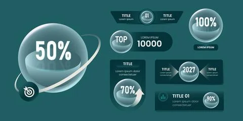Glass Percentage Infographic Elements with Statistic Cards Collection Illustration