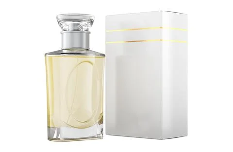 Glass Perfume Bottle with Packaging Box, mockup template. 3D rendering Illustration