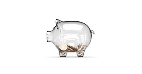 Glass piggy bank stuffed with growing coins. Stock Footage