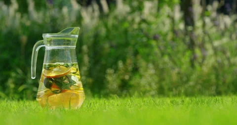 Glass pitcher with lemon and mint lemonade placed on a green lawn in a sunny Stock Footage 279977001