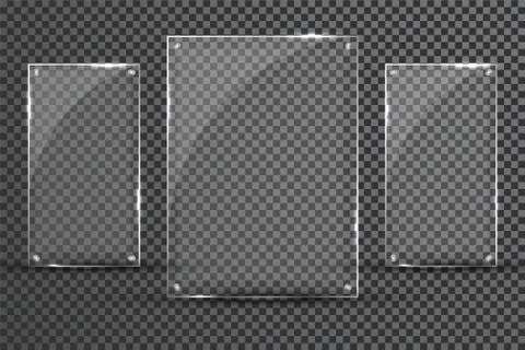 Glass plates are installed. Vector glass banners on a transparent background. Stock Illustration