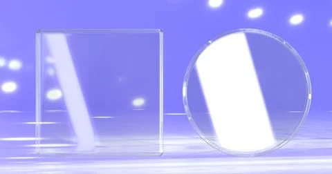 Glass plates set, clear frame square and round shape on blue background. Blank イラスト素材
