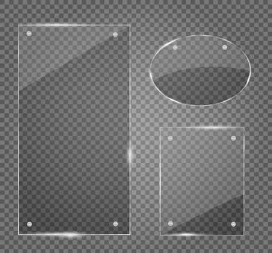 Glass plates set. Vector glass banners on transparent background. Illustrazione stock