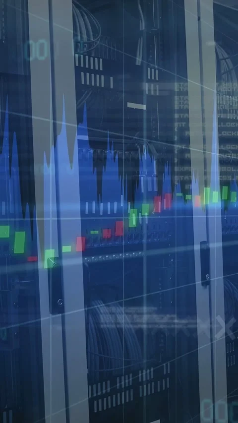 Glass rack still, data feed driving financial waveform and candles peaking then Stock Footage 332747905