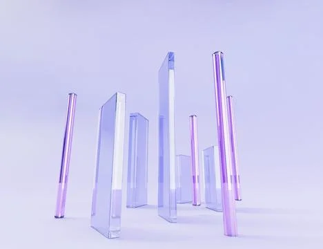Glass rectangle plates and crystal pillars on abstract purple background 3d イラスト素材