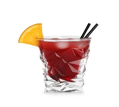 Glass of Red Cosmo cocktail on white background. Traditional alcoholic drink Stock Photos
