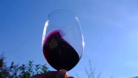 Glass with red splashing wine against the blue sky, wine tasting, winery Stock Footage 212925354
