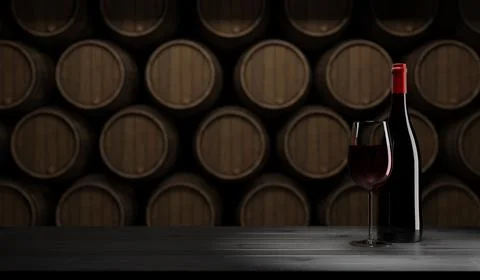 Glass of red wine with bottle on a rustic wooden table, wine barrels in the.. Stock Illustration
