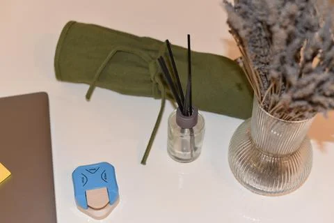 Glass reed diffuser with black sticks, lavender vase, fabric pouch on light Foto stock