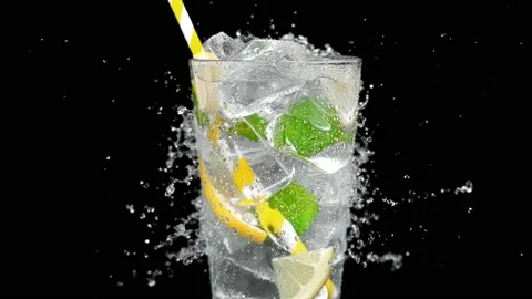Glass of Refreshing Lemon Soda with Mint Splashed by Water. Phantom Flex Stock Footage 140112696