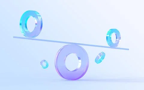 Glass rings balancing on seesaw 3d render. Concept of harmony and balance Illustrazione stock