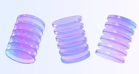 Glass round discs, plates in shape of cylinders, 3d render icons set. Abstract Illustrazione stock