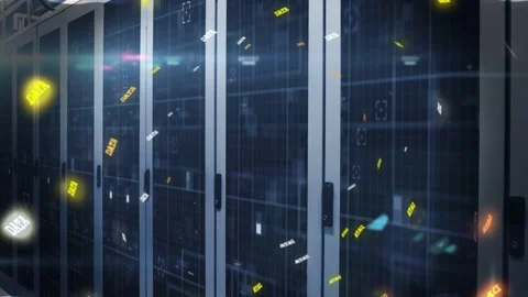 Glass server racks showing rising data flow in data center, network activity Stock Footage 332686092