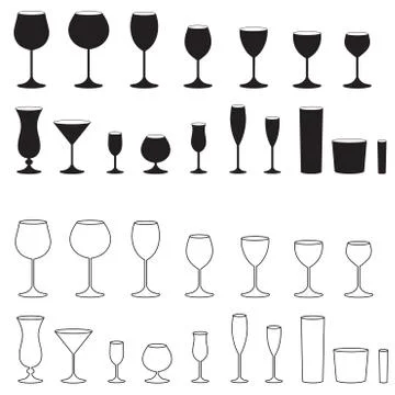 Glass set. Stemware for a different drinks. Vector silhouettes.  Stock Illustration