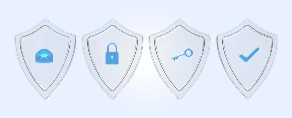 Glass shield with mail envelope, padlock, key and tick sign 3d render. Concept Illustrazione stock