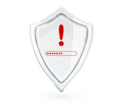 Glass shield with red exclamation sign isolated on white background 3d render Stock Illustration