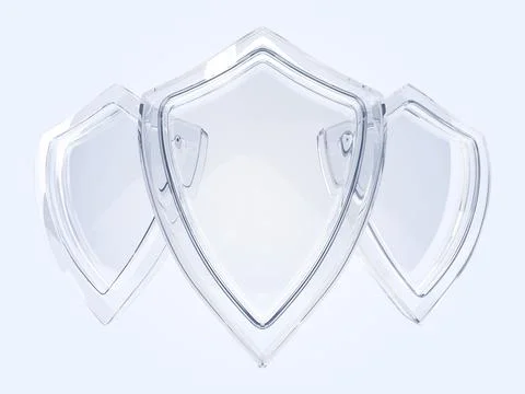 Glass shield set 3d render. Concept of protection and safety. Blank transparent Illustrazione stock