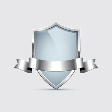Glass shield with silver frame and silver ribbon isolated on gray background Stock Illustration