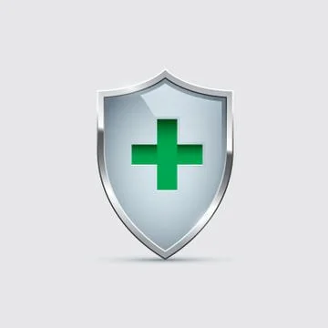 Glass Shield with silver frame and Green Cross isolated on gray. Vector Health Stock Illustration